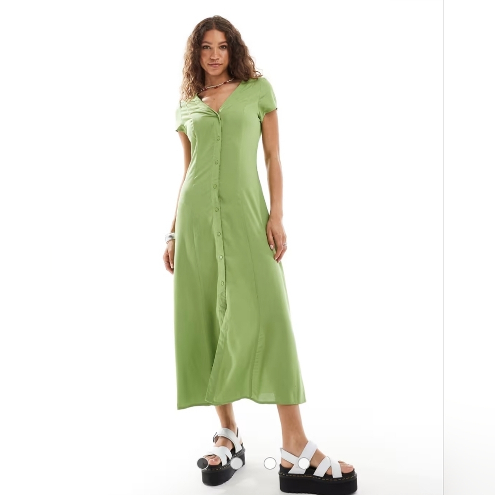 Monki Light Green Button-Down Midi Dress